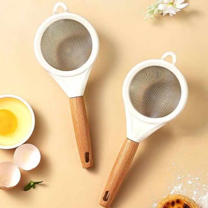 Mehlsieb aus Edelstahl für den Haushalt, Küchen- und Backsieb, Wooden Handle – Bild 2