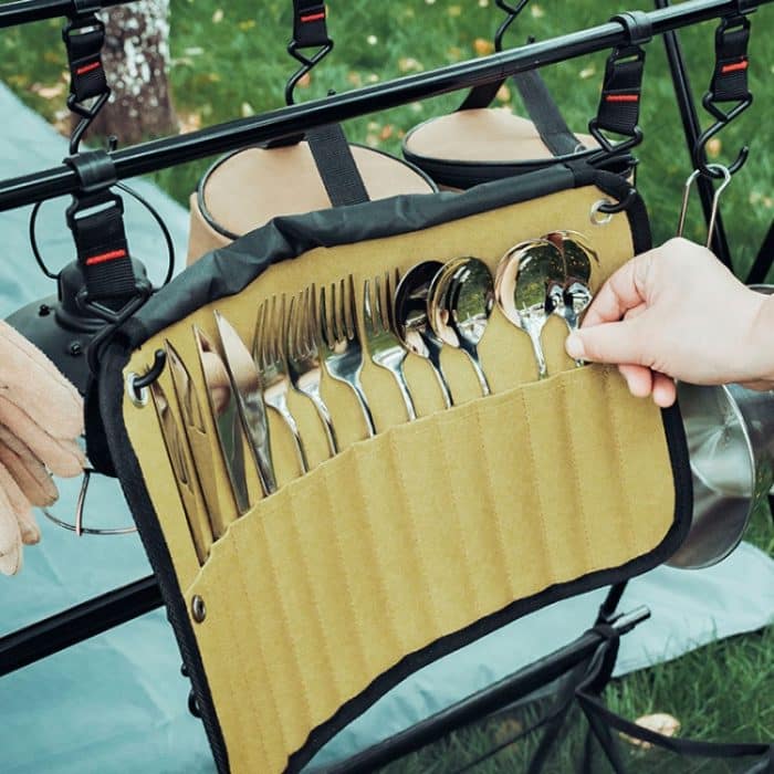 AOTU AT6471 12 teile/satz Outdoor 304 Edelstahl Camping Besteck Set Mit Lagerung Tasche, With Chopsticks Khaki, With Dinner Knife Mud Color – Bild 2