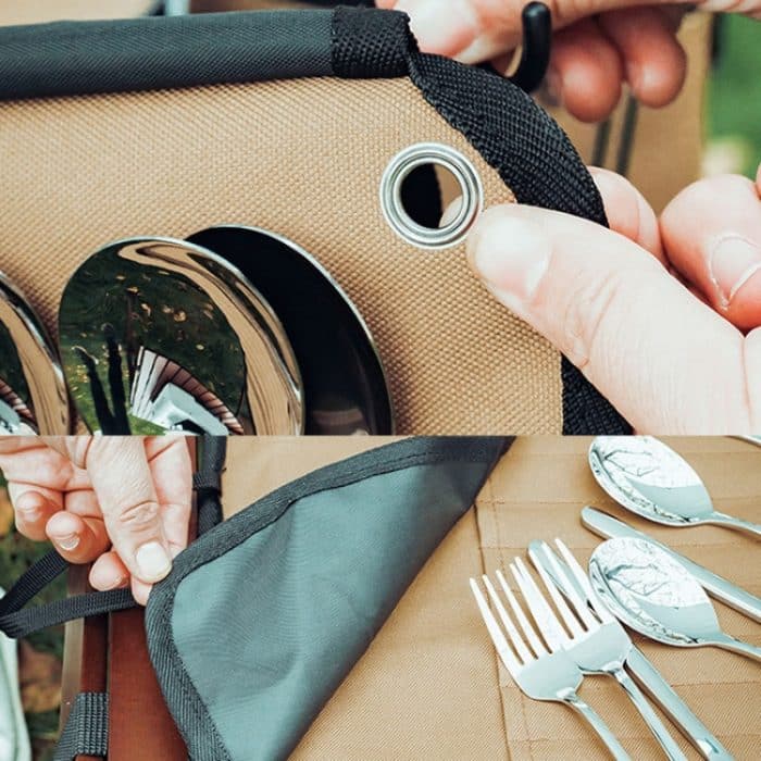 AOTU AT6471 12 teile/satz Outdoor 304 Edelstahl Camping Besteck Set Mit Lagerung Tasche, With Chopsticks Khaki, With Dinner Knife Mud Color – Bild 6