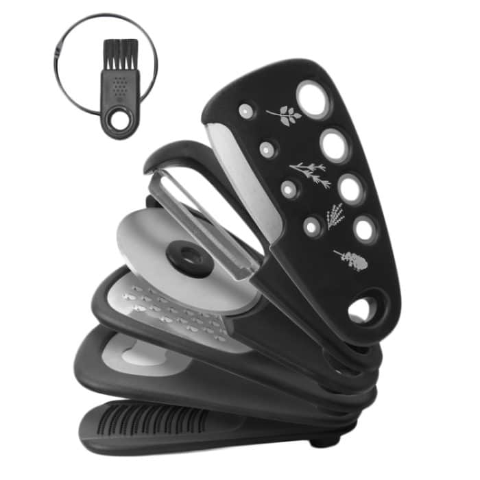 TBD0604893001A.jpg 6 in 1 stapelbare Küchenhelfer Melonenschäler Kräuterhacker Knoblauchreibe Dosenöffner Pizzaschneider – Bild 1