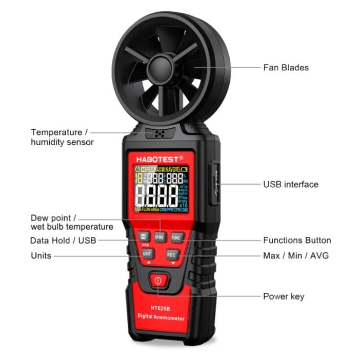 HABOTEST Handheld Hochpräzises Digital-Anemometer mit USB, HT625B – Bild 3