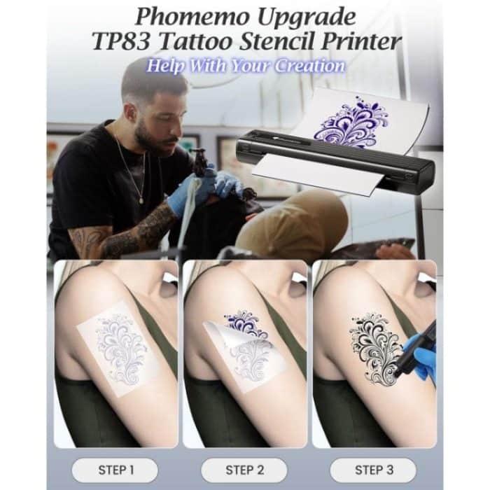 Phomemo TP83-BK Kabelloser Tattoo-Schablonendrucker mit 10 Stück Transferpapier – Bild 7