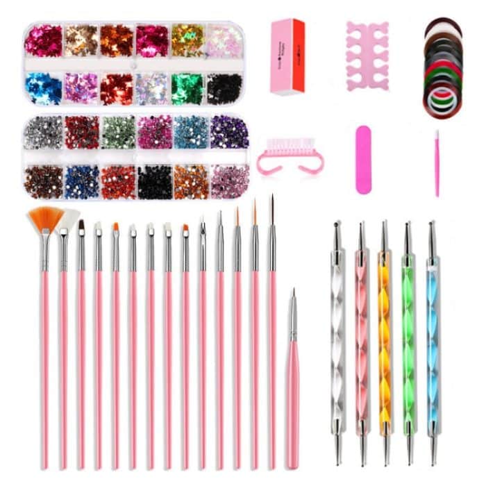 Nail Art Tools Set Nagelmalerei Stift Punktierstift Feilenstreifen Strass Schmetterling Pailletten Schmuck Set – Bild 1