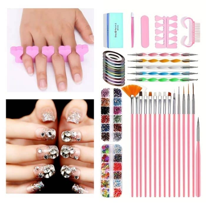 Nail Art Tools Set Nagelmalerei Stift Punktierstift Feilenstreifen Strass Schmetterling Pailletten Schmuck Set – Bild 2