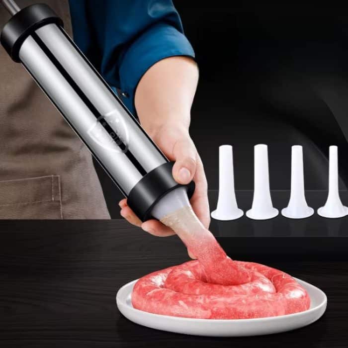 TBD0605076701.jpg Wurstfüller aus Edelstahl, handbetriebener Fleischwurstmacher, With 4pcs Nozzle – Bild 1