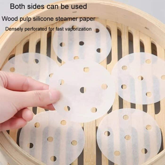 100 stücke Lebensmittel Grade Einweg Runde Nicht-stick Dampfer Papier Perforierte Brötchen Dampfer Pads, 7.6cm, 8.89cm, 10.16cm, 11.4cm, 12.7cm, 14cm, 16.5cm – Bild 6