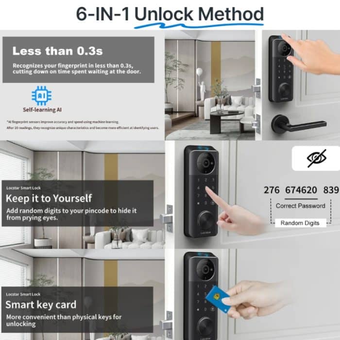 C95 Smart Fingerprint Deadbolt Lock Unterstützt Bluetooth WiFi APP, 5 Möglichkeiten Zum Entsperren, Mit Kamera Türklingel – Bild 3