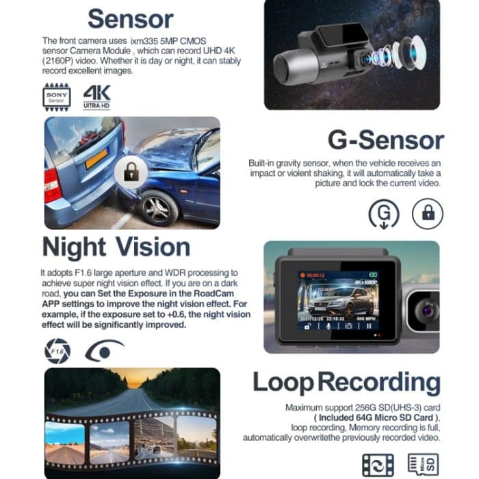 M700A 3-Kanal-Autorekorder 4K UHD vorne + 1080P innen + 2K hinten + GPS + WIFI Dashcam, M700A – Bild 3