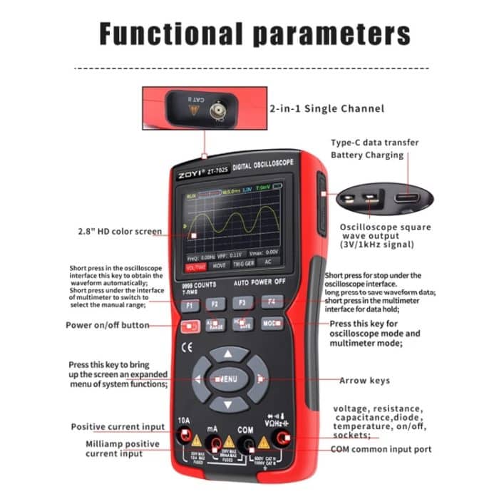 ZOYI Farbbildschirm Multifunktionales Handheld-Digitaloszilloskop-Multimeter, ZT702S – Bild 4