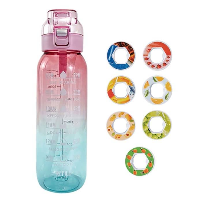 TBD0605422801A.jpg 1000 ml große fruchtige Wasserflasche mit 7 Geschmacksringen, Trinkbecher mit Strohhalm und aromatisiertem Tritan-Wasserbecher – Bild 1