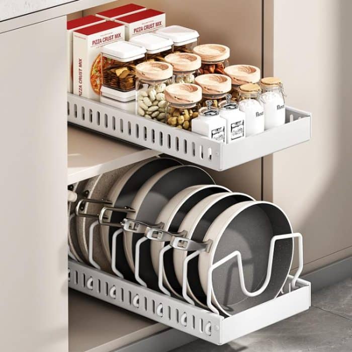 Küche Pull-Out Rack Töpfe und Pfannen Organizer Schrank Arbeitsplatte Gericht Tablett, 42cm Black, 42cm With Baffle Black, 42cm White, 42cm With Baffle White, 52cm Black, 52cm With Baffle Black, 52cm White, 52cm With Baffle White – Bild 2
