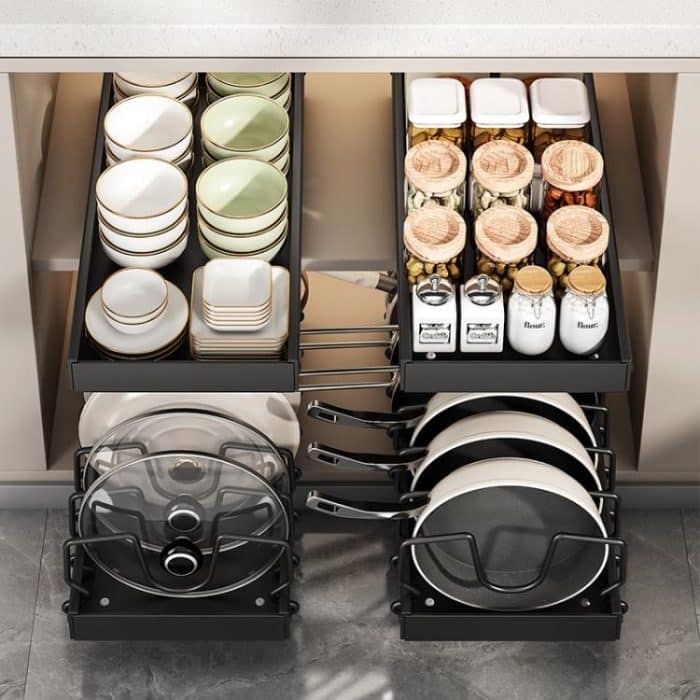 Küche Pull-Out Rack Töpfe und Pfannen Organizer Schrank Arbeitsplatte Gericht Tablett, 42cm Black, 42cm With Baffle Black, 42cm White, 42cm With Baffle White, 52cm Black, 52cm With Baffle Black, 52cm White, 52cm With Baffle White – Bild 3