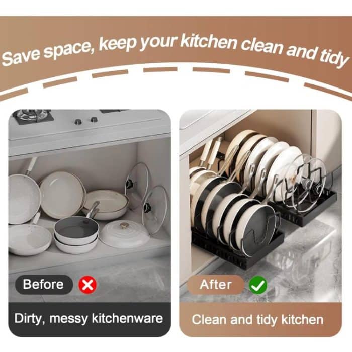 Küche Pull-Out Rack Töpfe und Pfannen Organizer Schrank Arbeitsplatte Gericht Tablett, 42cm Black, 42cm With Baffle Black, 42cm White, 42cm With Baffle White, 52cm Black, 52cm With Baffle Black, 52cm White, 52cm With Baffle White – Bild 4