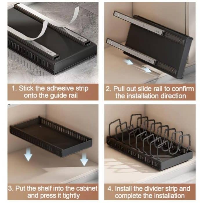 Küche Pull-Out Rack Töpfe und Pfannen Organizer Schrank Arbeitsplatte Gericht Tablett, 42cm Black, 42cm With Baffle Black, 42cm White, 42cm With Baffle White, 52cm Black, 52cm With Baffle Black, 52cm White, 52cm With Baffle White – Bild 8