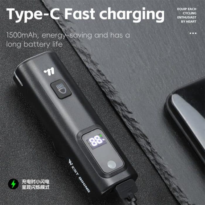 WEST BIKING Fahrrad Wasserdicht TYPE-C Wiederaufladbare High-Brightness Scheinwerfer, Regular, Digital Battery Display – Bild 6