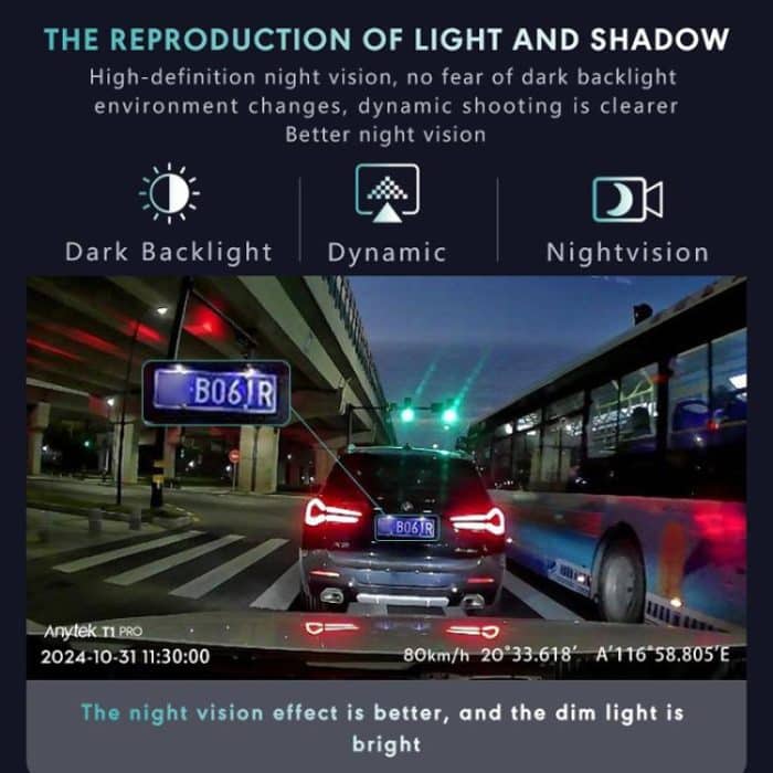 Anytek T1 PRO 3,2 Zoll 2K HD Nachtsicht Autorekorder Versteckte Autokamera Dual-Aufnahme vorne und hinten – Bild 8