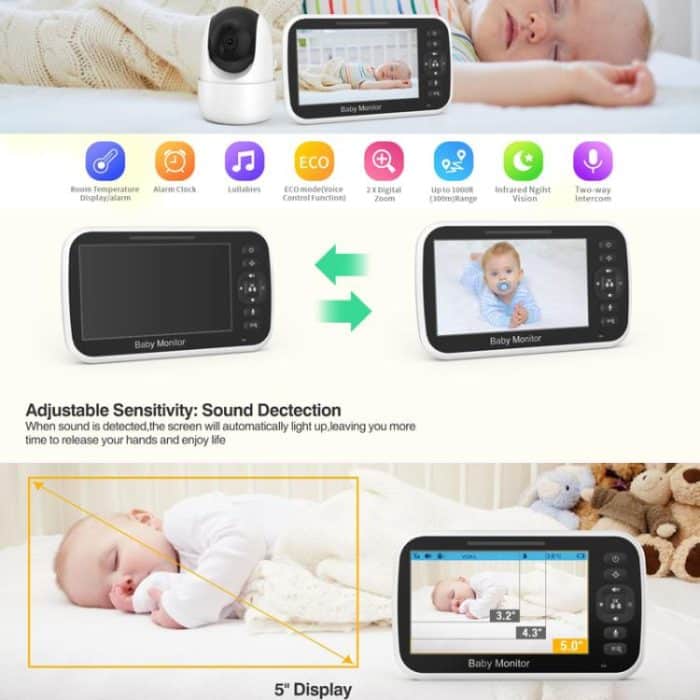 5 inch LCD Screen Auto Night Vision Baby Monitor, US Plug, EU Plug, UK Plug, AU Plug – Bild 8