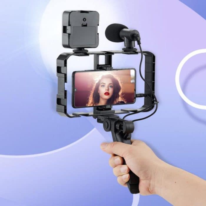 TBD06060353.jpg Smartphone-Käfigstabilisator mit Mikrofon und LED-Fülllicht – Anti-Shake-Hand-Gimbal für Vlogging – Bild 1