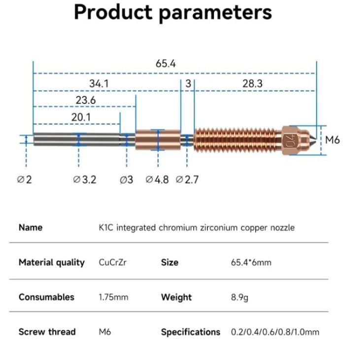 All-in-One Chrome Zirconium Copper Nozzle for Creality Ender-3 V3/K1C/K1 Max 3D Printers, 1.75/0.2mm, 1.75/0.4mm, 1.75/0.6mm, 1.75/0.8mm, 1.75/1.0mm – Bild 8