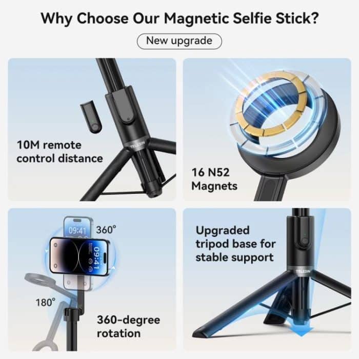 TELESIN 1.3m Magnetic Selfie Stick Tripod Phone Stand for Outdoor Vlog & Live Streaming with Bluetooth Remote – Bild 3