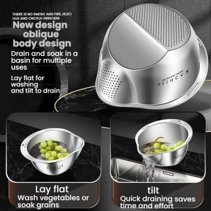 Kacheeg 304 Stainless Steel Multi-Purpose Colander, Vegetable & Rice Strainer, Washing Basket, 24cm – Bild 3