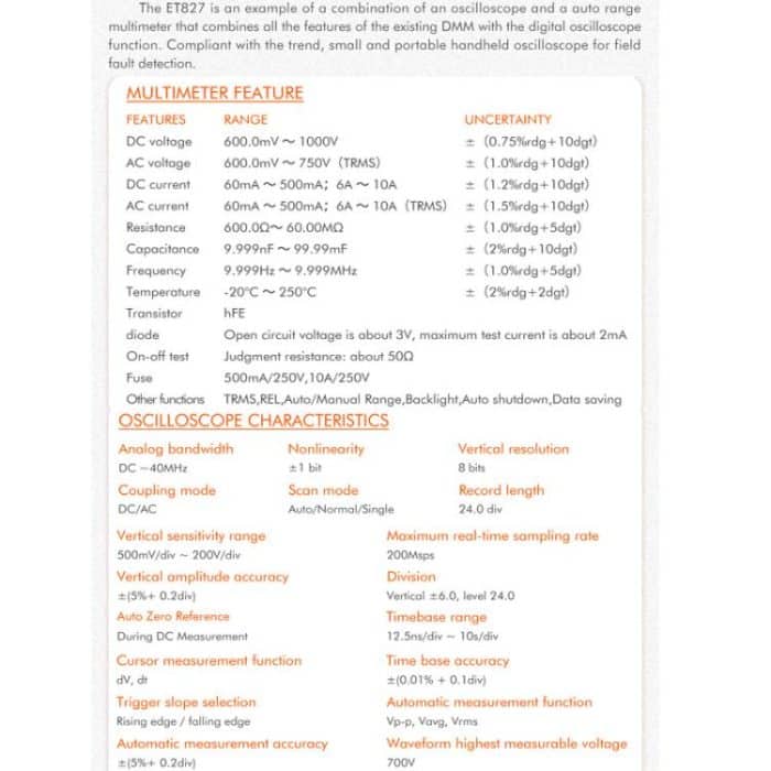 Oscilloscope Multimeter 200Msps Sampling Rate 40MHz Oscilloscope + Multimeter 2 In 1, ET827 – Bild 11