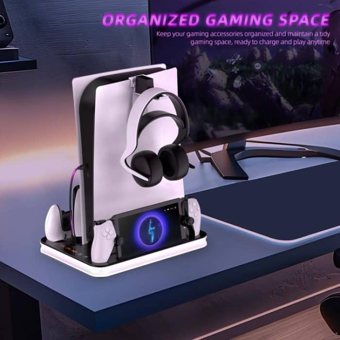 JYS Charging Display Station for PS5/PS5 Slim/PS Portal Dual Controller Dock with Cooling Fan & Headphone Hook – Bild 8