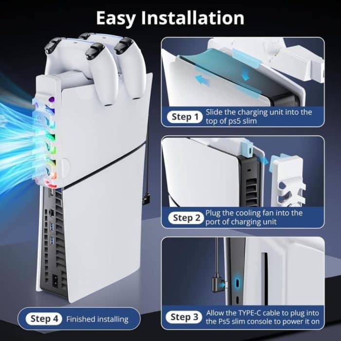 For PS5 Slim Controller 2-in-1 Charging Station Cooling Fan With RGB Lighting – Bild 7