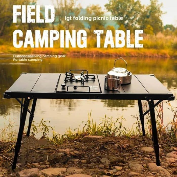 CLS Outdoor Aluminum Egg Roll Table Camping Folding Table, 8245 6 Plates, 9545 Folded 7 Plates, 8744 Black, 8744 Wood Grain, 8744 Black+4 PU Hooks – Bild 2