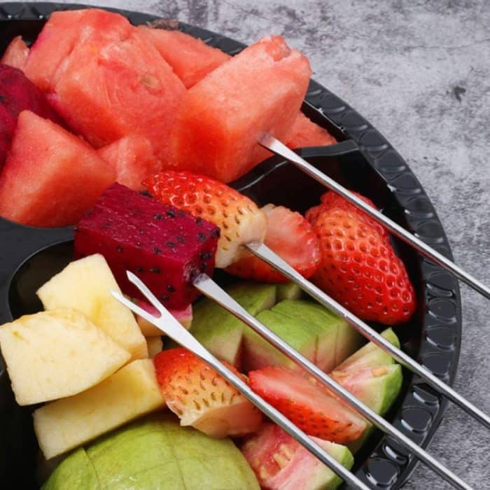Edelstahl Holzgriff Schokoladengabel Hot Pot Gabeln Käse Obst Dessert Gabel Fondue Schmelzspieß Küchengeräte, zufällige Farblieferung – Bild 3