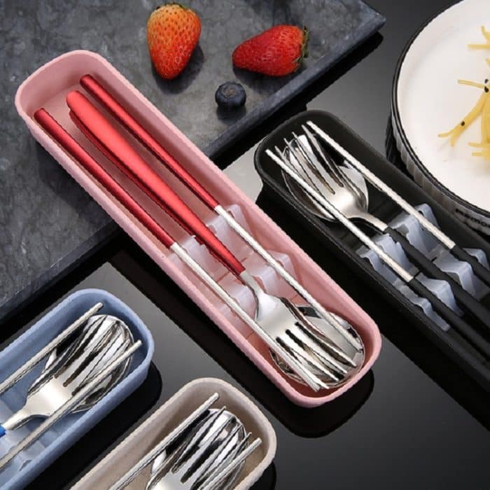 4 Teile/satz Tragbare Edelstahl Geschirr Kreative Set Essstäbchen Löffel Gabel Geschenk, Steel, Black, Pink, Red, Blue – Bild 5