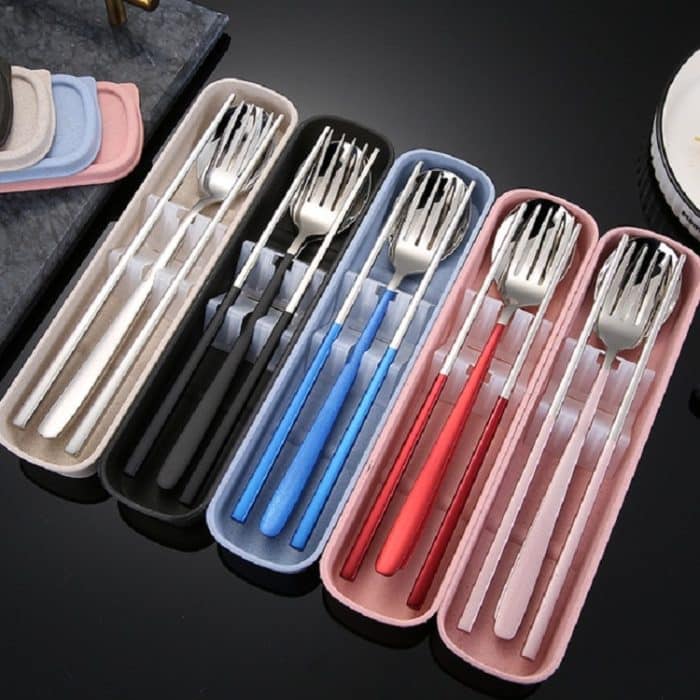 4 Teile/satz Tragbare Edelstahl Geschirr Kreative Set Essstäbchen Löffel Gabel Geschenk, Steel, Black, Pink, Red, Blue – Bild 7