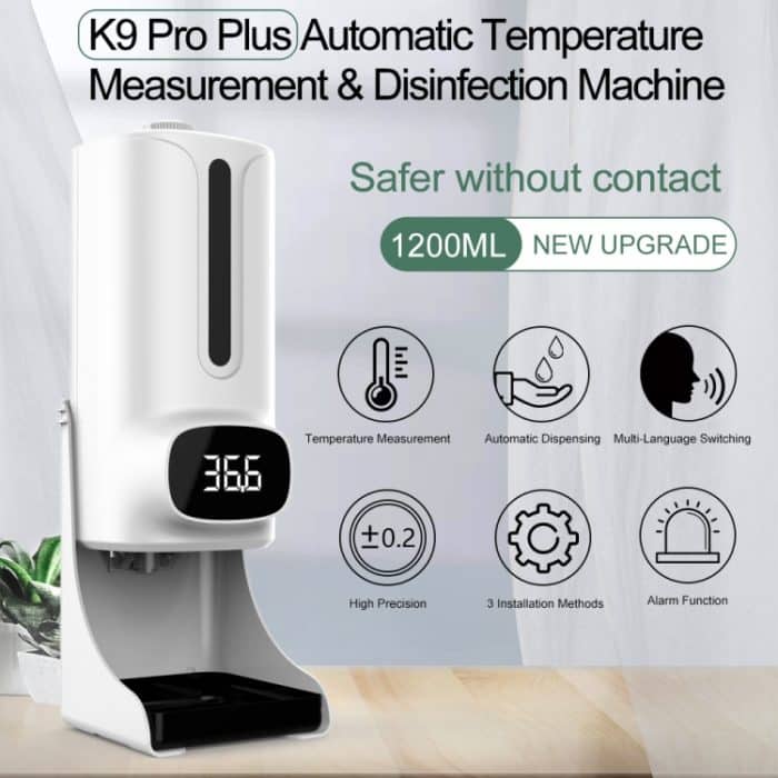 K9 PRO plus Freisprecheinrichtung Nicht-Kontakt-Body-Thermometer + 1000ml Automatischer unberührter flüssiger Seifenspender mit Basishalterung, 15 Sprachen Voice Broadcast – Bild 2