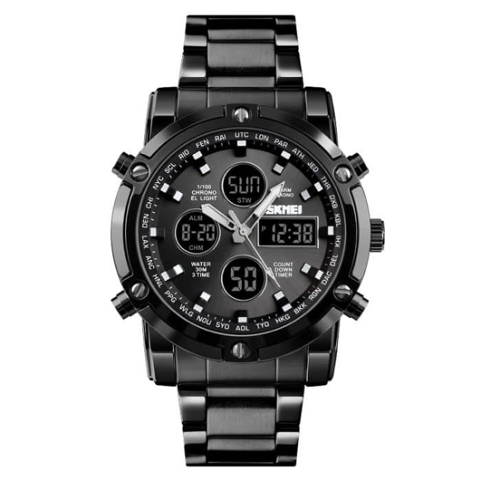 SKMEI 1389 Multifunktionale Herren-Business-Digitaluhr, 30 m wasserdicht, großes Zifferblatt, Armbanduhr mit Edelstahl-Armband, 1389 Black, 1389 Blue, 1389 Silver, 1389 Silver+Black – Bild 2