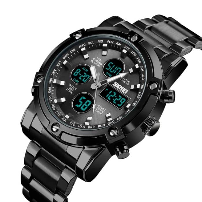 SKMEI 1389 Multifunktionale Herren-Business-Digitaluhr, 30 m wasserdicht, großes Zifferblatt, Armbanduhr mit Edelstahl-Armband, 1389 Black, 1389 Blue, 1389 Silver, 1389 Silver+Black – Bild 3
