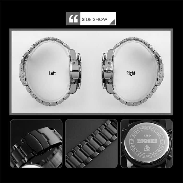 SKMEI 1389 Multifunktionale Herren-Business-Digitaluhr, 30 m wasserdicht, großes Zifferblatt, Armbanduhr mit Edelstahl-Armband, 1389 Black, 1389 Blue, 1389 Silver, 1389 Silver+Black – Bild 6