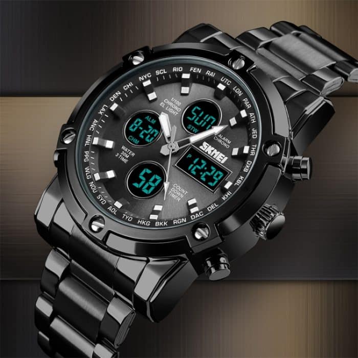 SKMEI 1389 Multifunktionale Herren-Business-Digitaluhr, 30 m wasserdicht, großes Zifferblatt, Armbanduhr mit Edelstahl-Armband, 1389 Black, 1389 Blue, 1389 Silver, 1389 Silver+Black – Bild 8