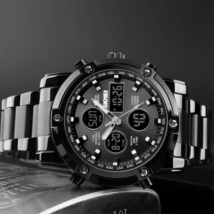 SKMEI 1389 Multifunktionale Herren-Business-Digitaluhr, 30 m wasserdicht, großes Zifferblatt, Armbanduhr mit Edelstahl-Armband, 1389 Black, 1389 Blue, 1389 Silver, 1389 Silver+Black – Bild 9