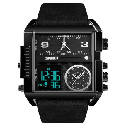 SKMEI 1391 Multifunktionale Herren-Business-Digitaluhr, 30 m wasserdicht, quadratisches Zifferblatt, Armbanduhr mit Lederarmband
