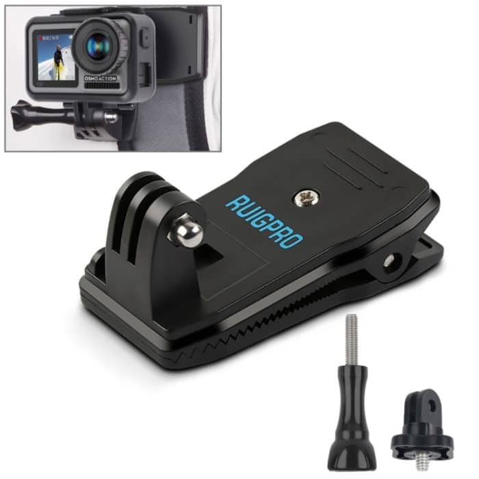 DOP0064.jpg RUIGPRO 360-Grad-Drehung Rucksack Rec-Mounts Clip-Klemmhalterung mit Schraube für GoPro, Insta360, DJI und andere Action-Kameras (schwarz) – Bild 1