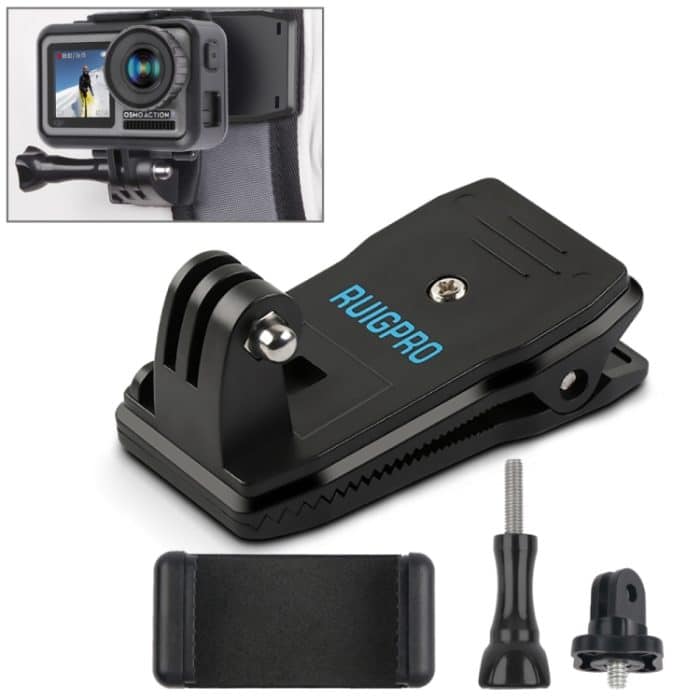 RUIGPRO 360-Grad-Rotationsrucksack Rec-Mounts Clip-Klemmhalterung + Telefonklemme für GoPro HERO9 Black / HERO8 Black /7/6/5/5 Session /4 Session /4/3+ /3/2/1, DJI Osmo Action, Xiaoyiund andere Actionkameras, Rec-Mounts+Clamp – Bild 1