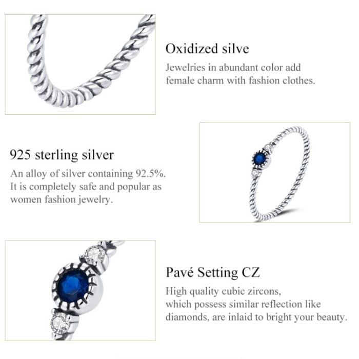 Damenring aus S925-Sterlingsilber mit dunkelblauem Zirkon und platinierter Twist-Textur – Bild 6