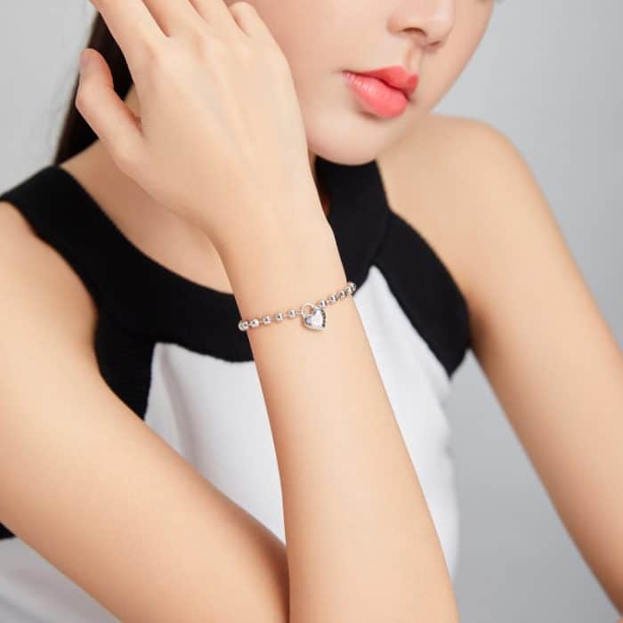 S925 Sterling Silber Herzförmige Punk Perlen Damen Armband Schmuck – Bild 8