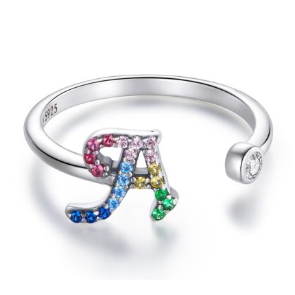 Offener Ring aus S925-Sterlingsilber mit 26 englischen Buchstaben und buntem Zirkon für Damen