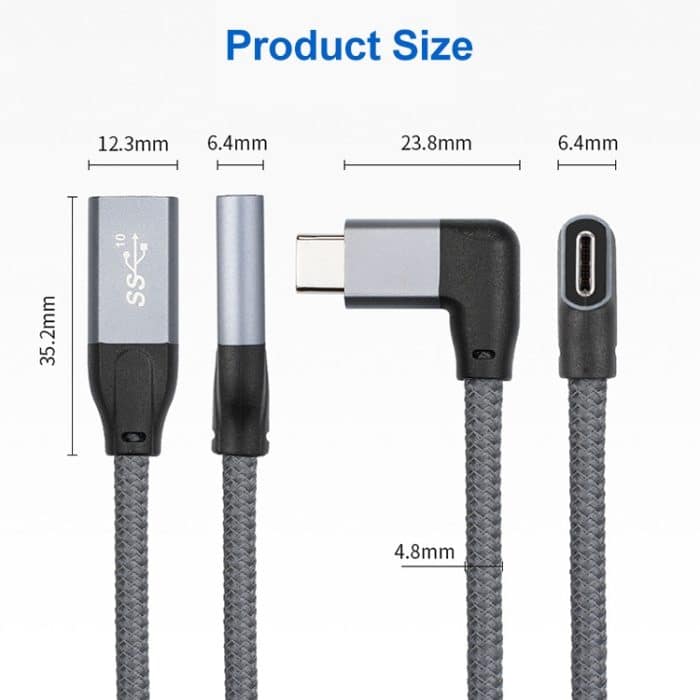 100 W USB-C/Typ-C-Winkelstecker auf USB-C/Typ-C-Buchse, voll funktionsfähiges Datenverlängerungskabel – Bild 3