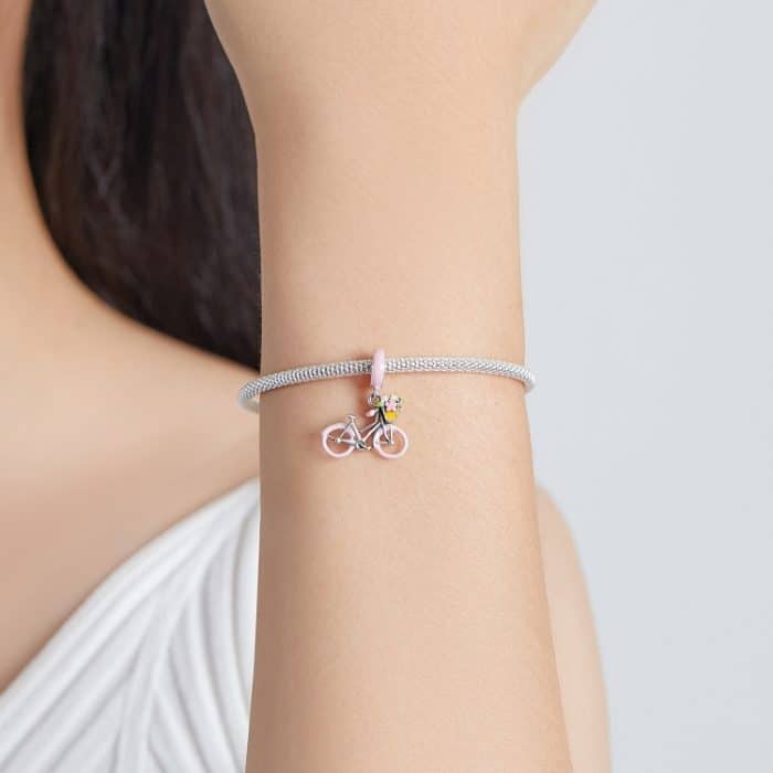 S925 Sterling Silber Rosa Fahrrad Anhänger DIY Armband Halskette Zubehör – Bild 7