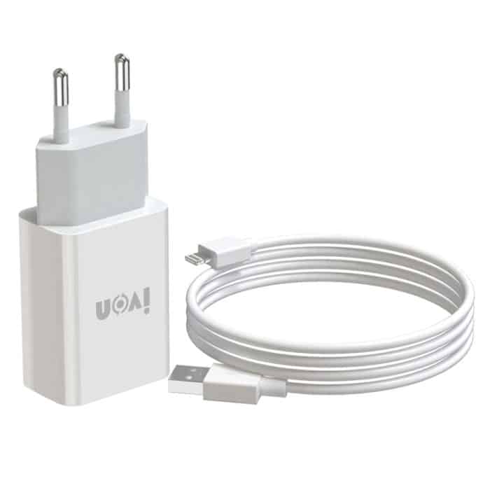 IVON AD-33 2-in-1 2,1 A Einzel-USB-Port-Reiseladegerät + 1 m USB-auf-8-Pin-Datenkabel-Set, – Bild 1