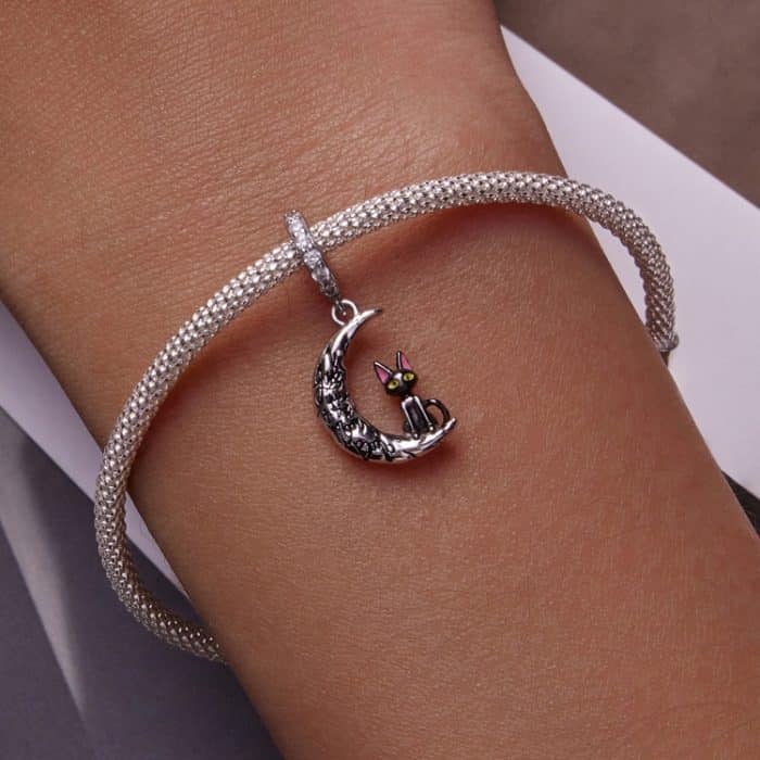 S925 Sterling Silber Mond Schwarzer Katzenanhänger DIY Armband Halskette Accessoires – Bild 7