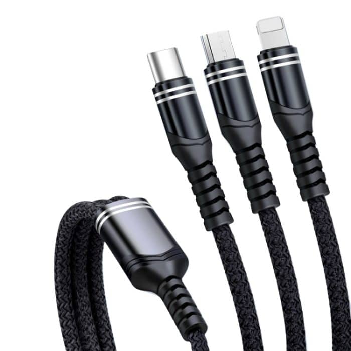 EDA003067601A.jpg 6A 66W 3 in 1 USB auf 8 Pin + Micro USB + USB-C / Typ-CGeflochtenes Schnelllade-Datenkabel – Bild 1