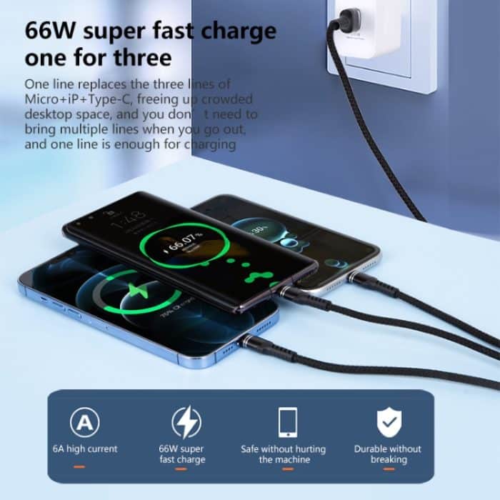 6A 66W 3 in 1 USB auf 8 Pin + Micro USB + USB-C / Typ-CGeflochtenes Schnelllade-Datenkabel – Bild 3